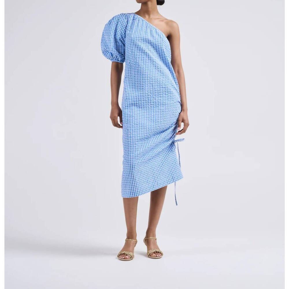 NEW ROSIE ASSOULIN one shoulder puff sleeve dress in blue gingham
